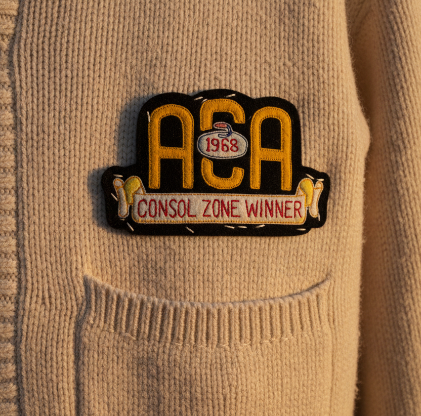 Patch on a beige sweater with 'ACA 1968 Consol Zone Winner' text