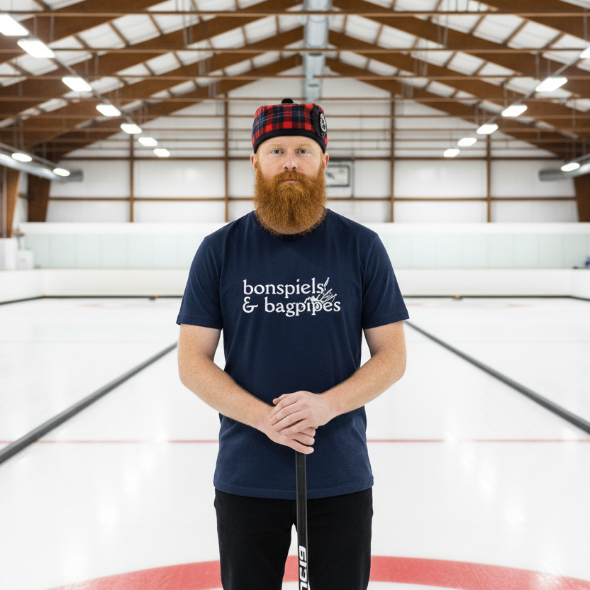Man wearing a navy blue t-shirt with text, holding a curling broom in an indoor curling rink.