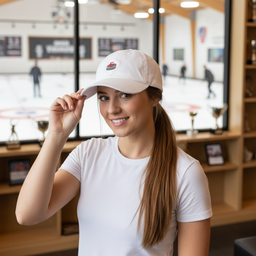 Woman wearing a white cap with a curling rock logo in a curling lounge