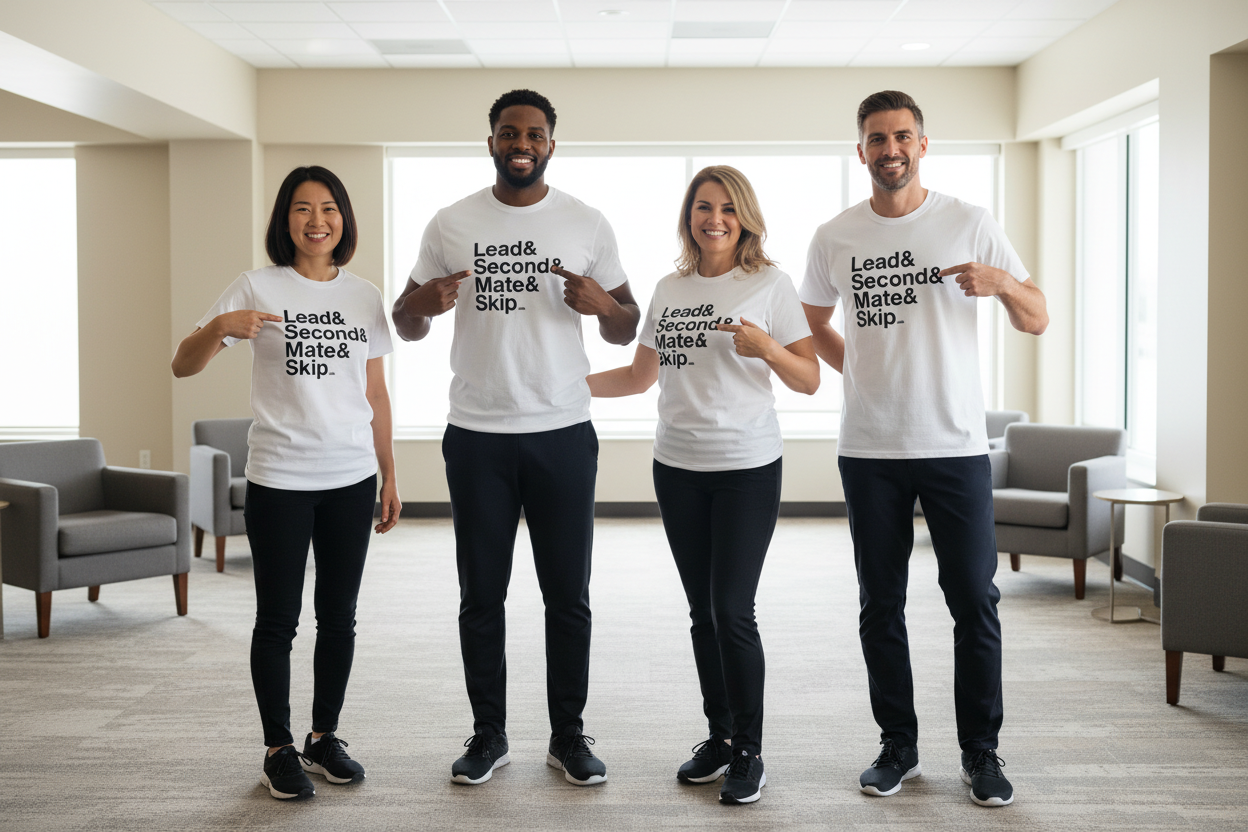 Four people wearing white t-shirts with Lead & Second & Mate & Skip printed on the chest