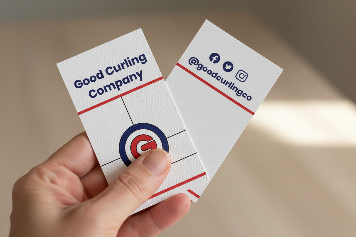 Hand holding two business cards for the Good Curling Company