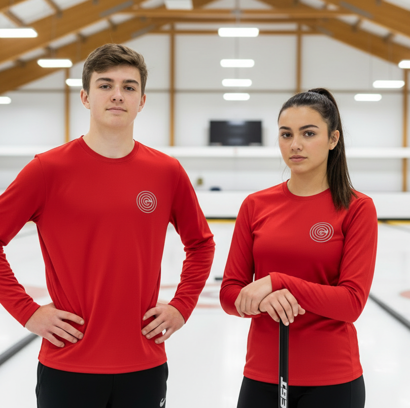 Two teenagers wearing red sports jerseys with a white Good Curling logo