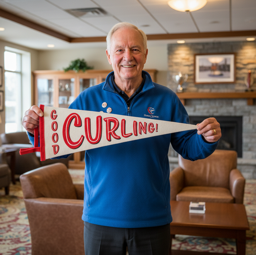 Man holding a 'Good Curling!' Felt pennant in a curling lounge