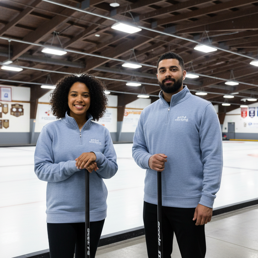 Two people wearing matching light grey sweatshirts in an indoor ice rink.