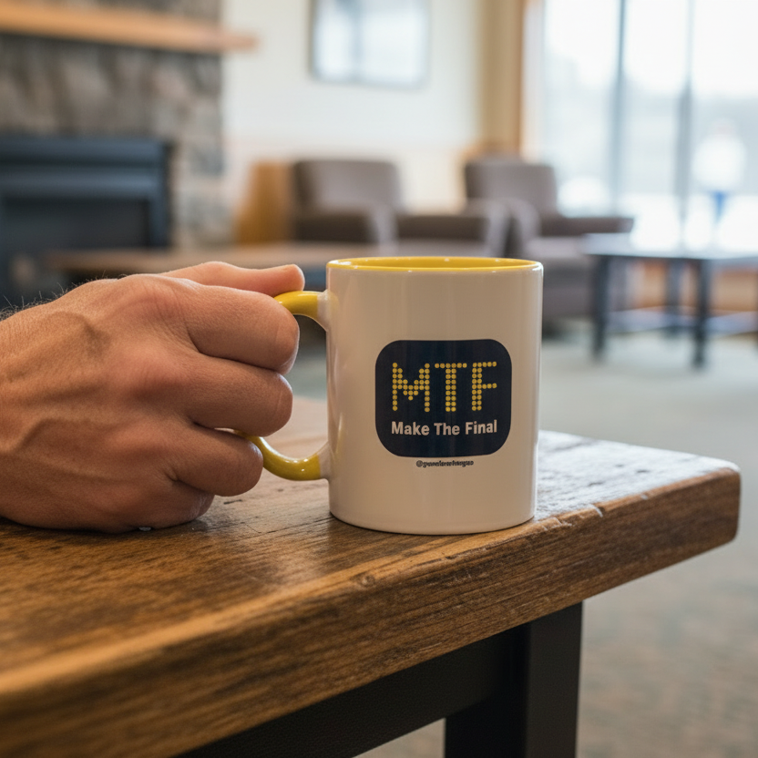 Hand holding a mug with 'MTF Make The Final' text in a curling lounge