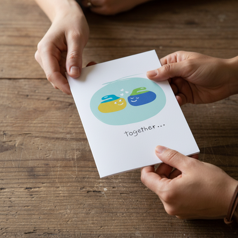 Two hands holding a card with two curling rocks with faces and the word 'together' on a wooden table.