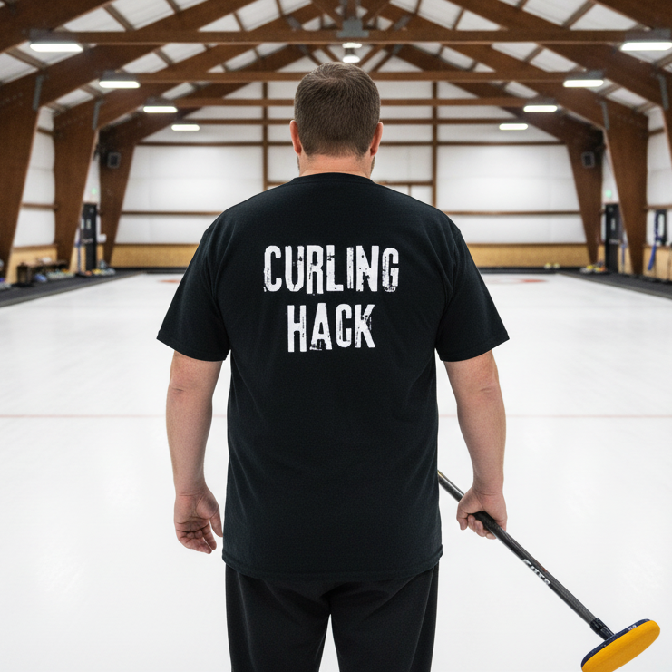 Person wearing a black t-shirt with 'Curling Hack' text on a curling rink.