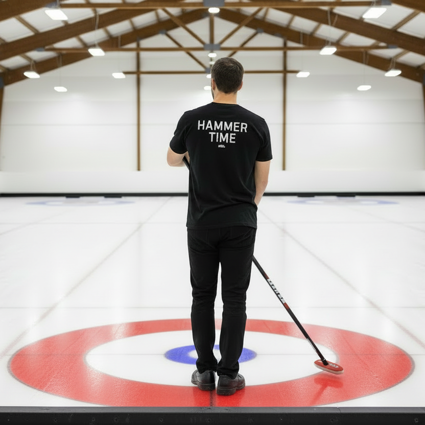 man wearing a black t-shirt with HAMMER TIME printed across the back