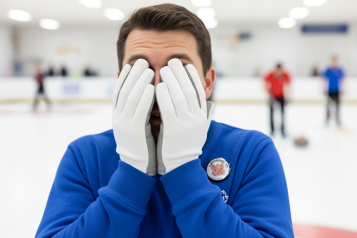 Person in a blue jacket with a logo on an ice rink, covering their eyes with white gloves.